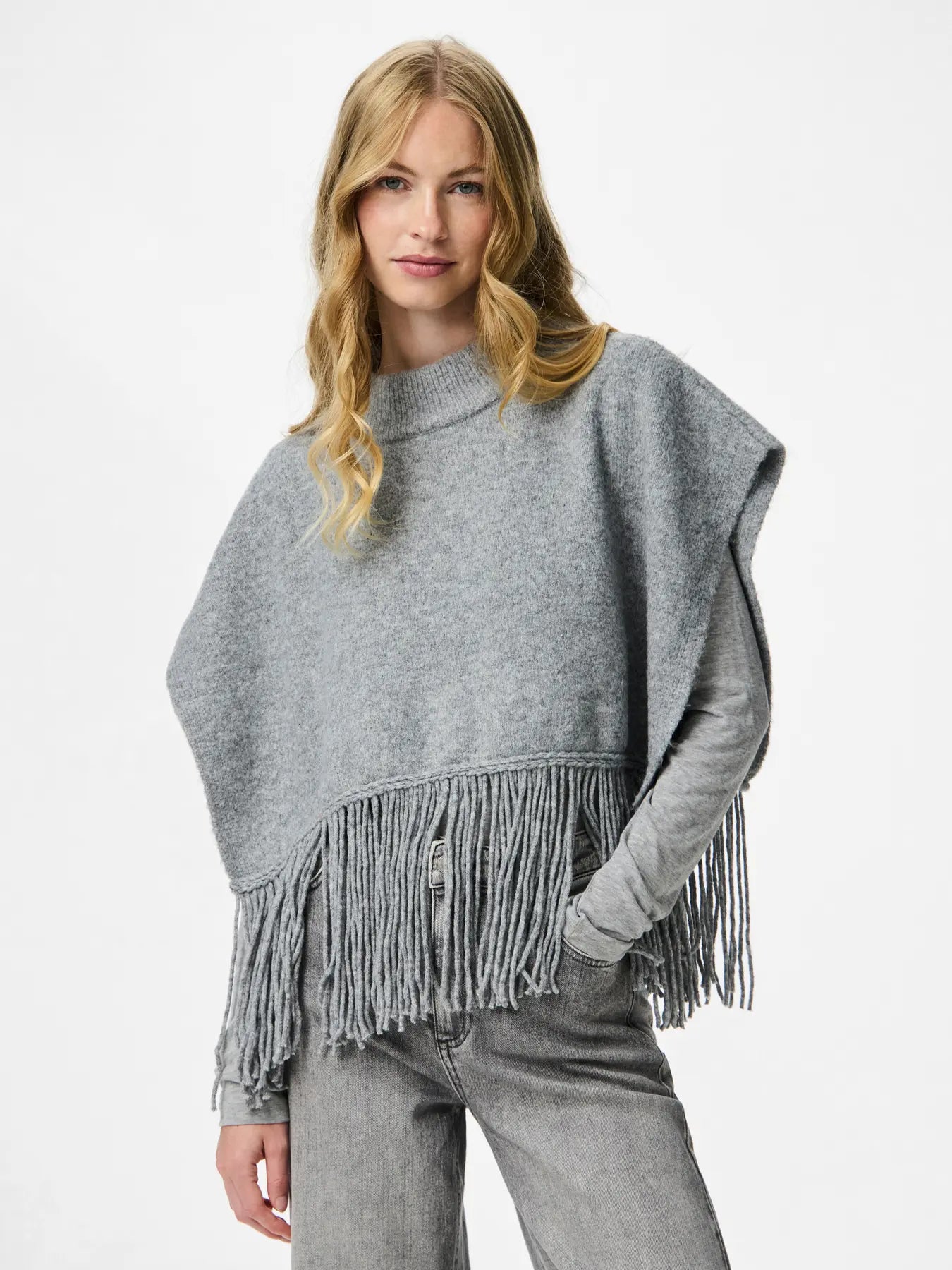 JULLE PONCHO - Light Grey Melange