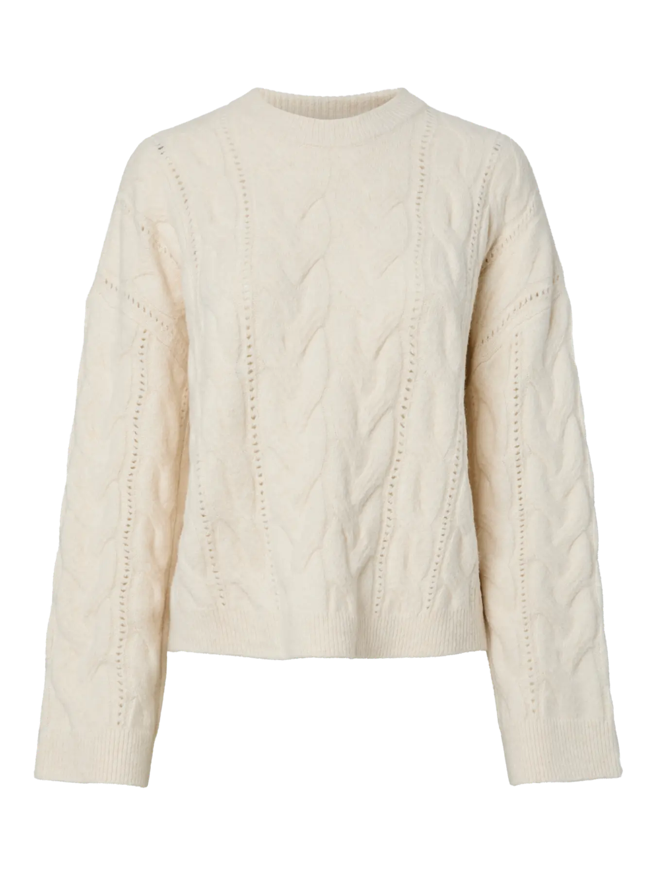 KATHY LS O-NECK CABLE KNIT - Birch MELANGE