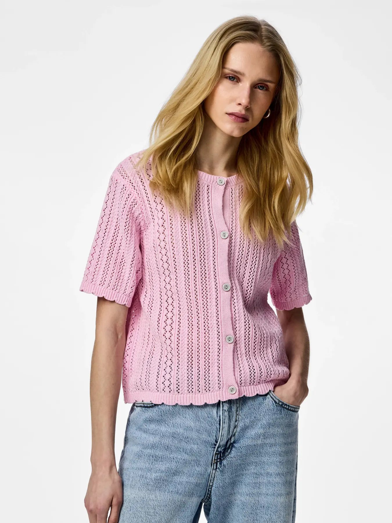 NUKA SS O-neck Knit Cardigan - Roseate Spoonbill