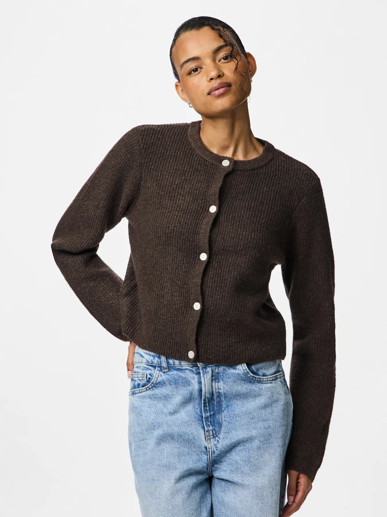 SILLY LS O-NECK KNIT CARDIGAN - Hot Fudge MELANGE