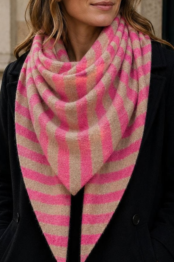 Big Knit Scarf w. Stripes - Berry