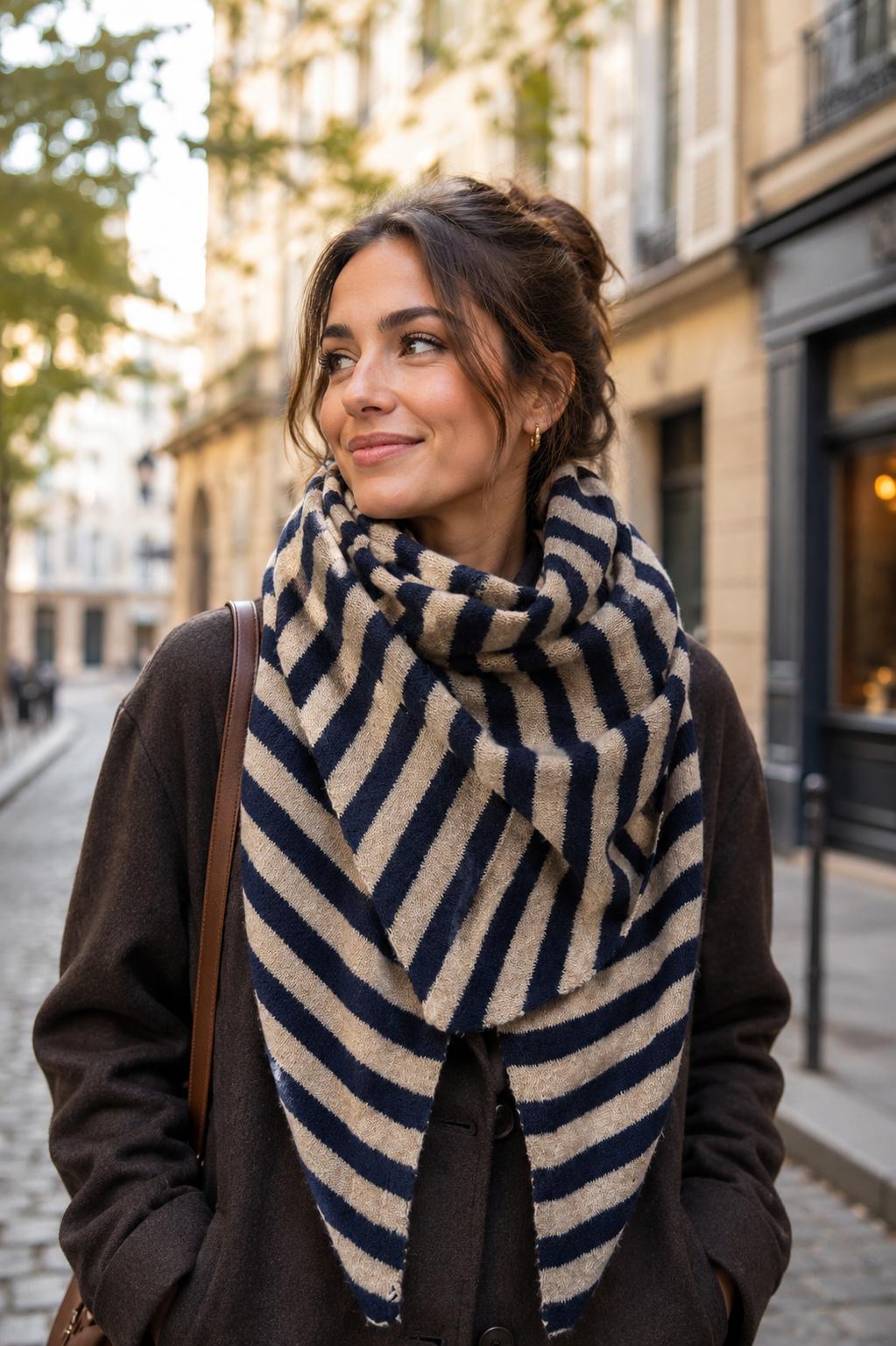 Big Knit Scarf w. Stripes - Navy Blue