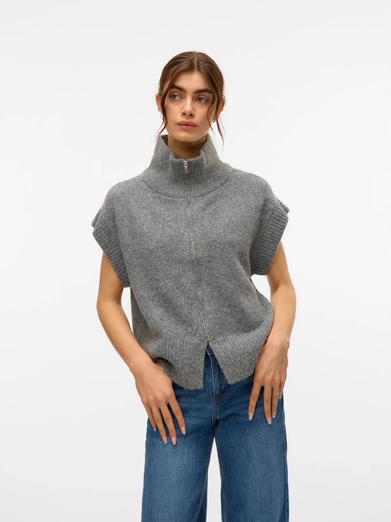 BANG HIGHNECK ZIPPER VEST - Medium Grey Melange