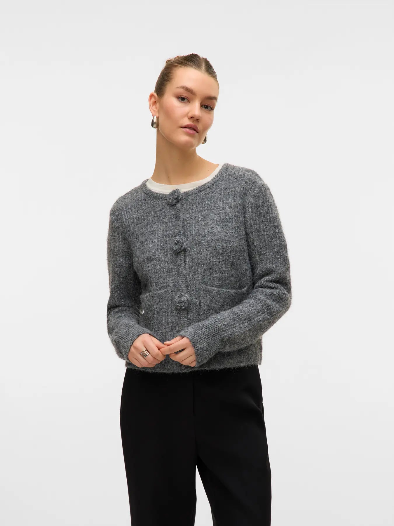 BLOSSOM LS O-NECK CARDIGAN - Medium Grey Melange