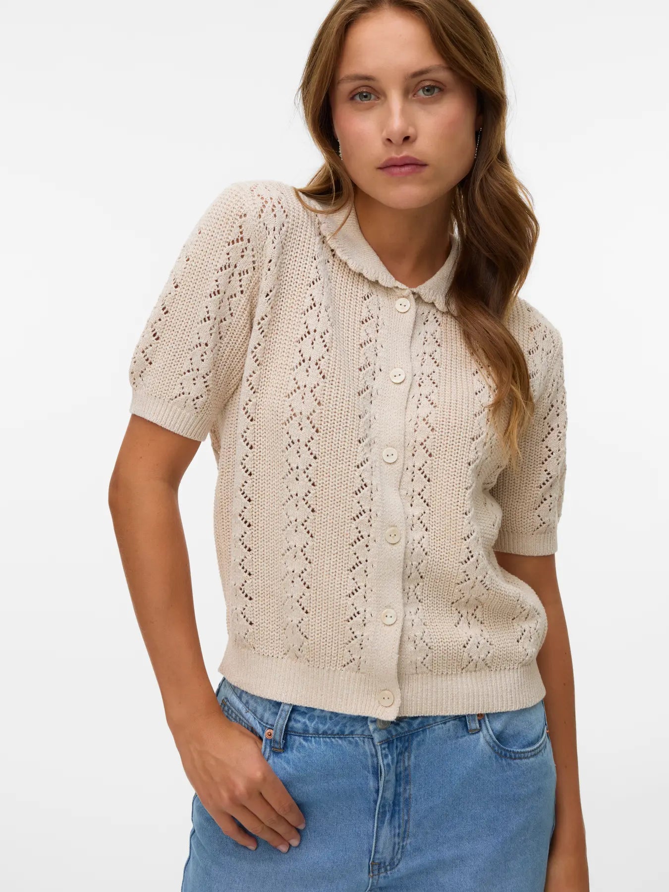 DARIA SS Poloneck Cardigan - OatmealW. Melange