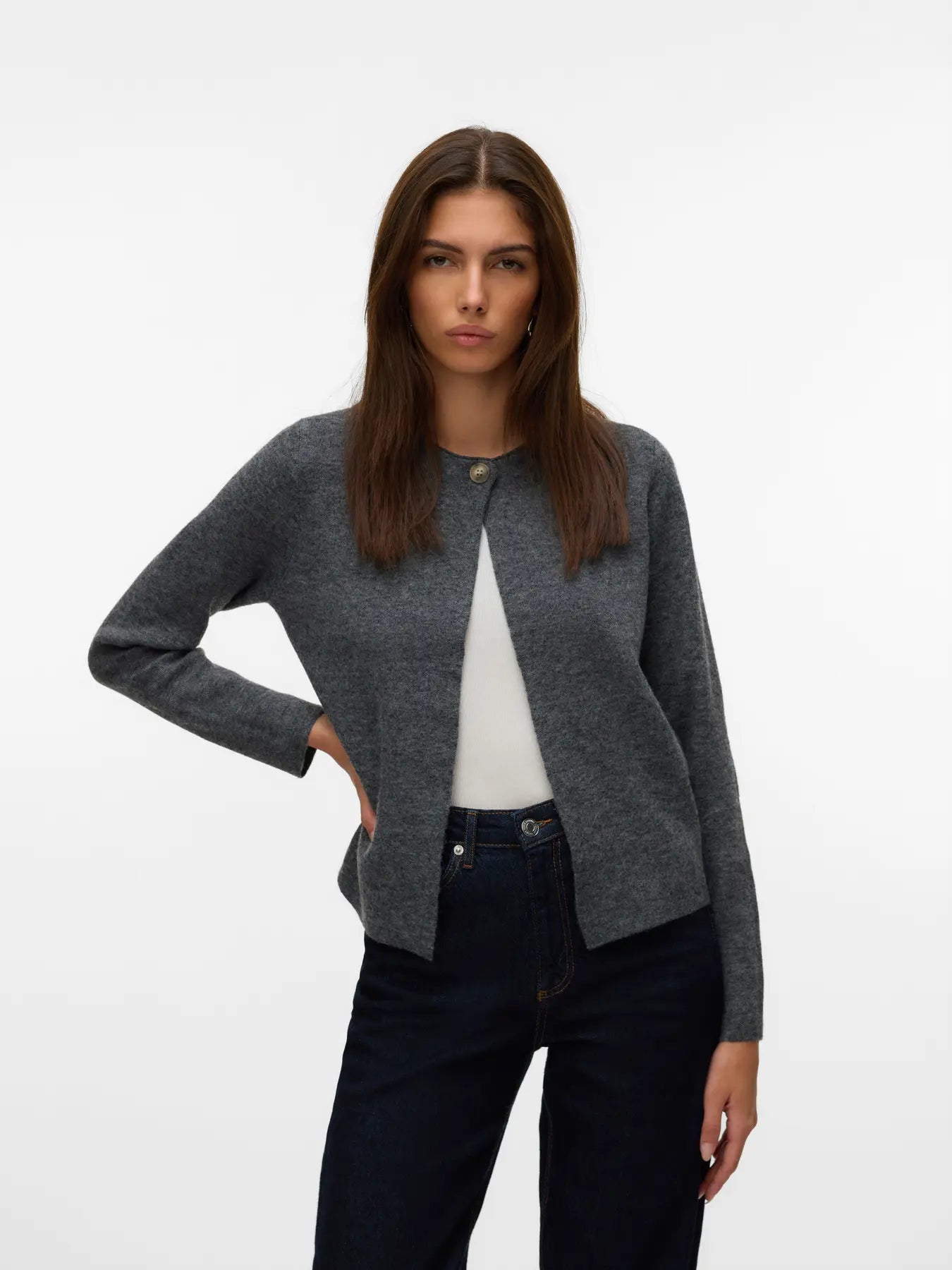 MARINA LS O-NECK CARDIGAN - Dark Grey Melange