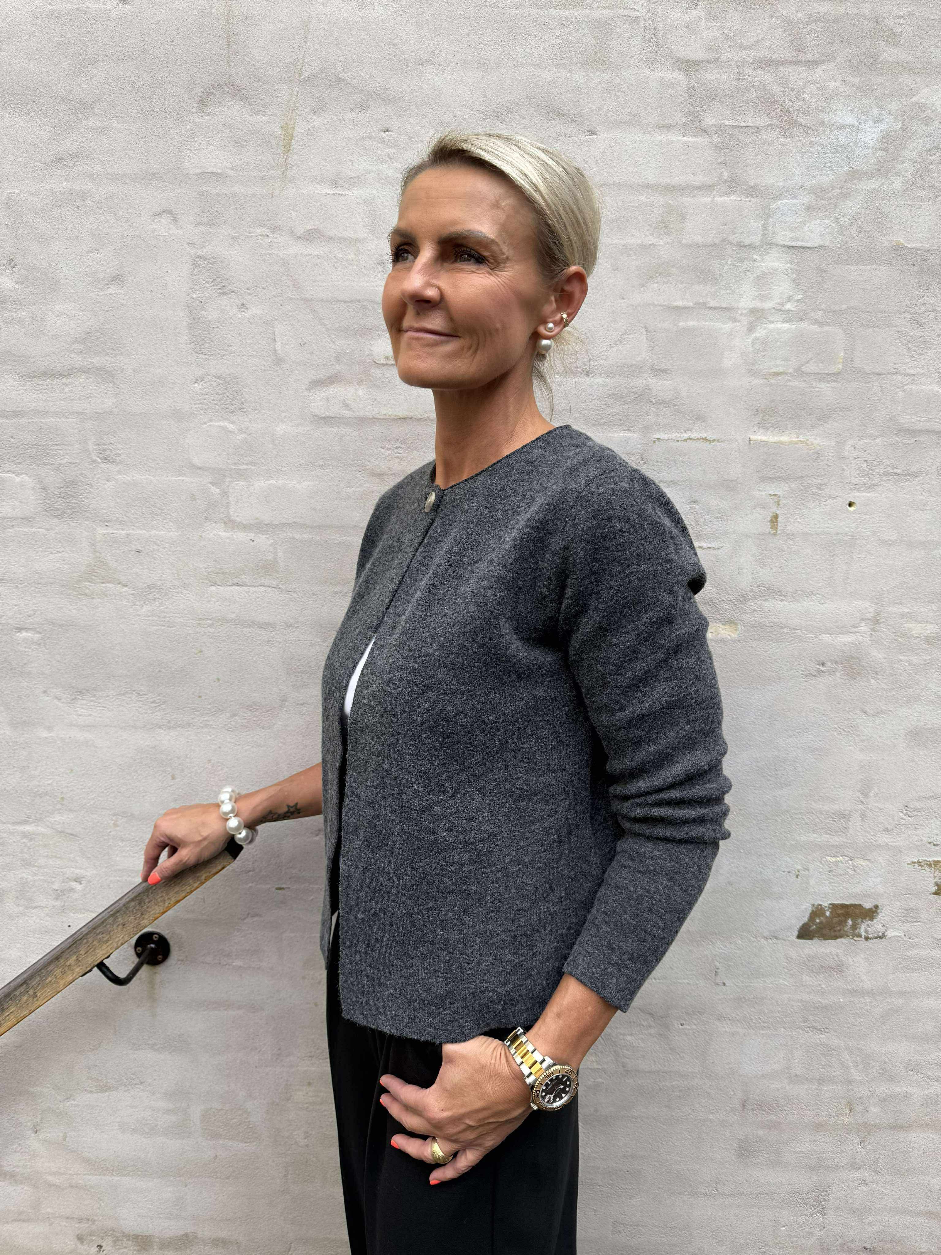 MARINA LS O-NECK CARDIGAN - Dark Grey Melange