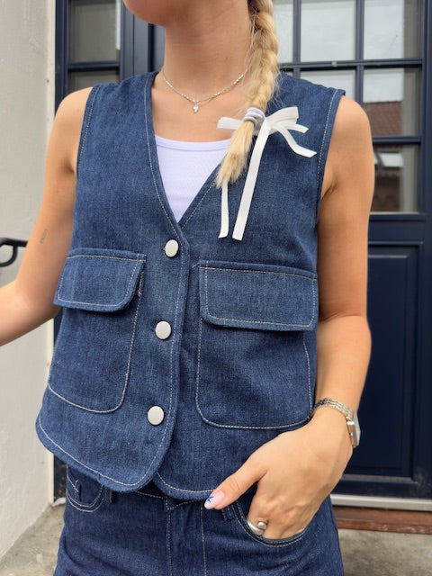 Fabia v-neck denim vest bark blue denim