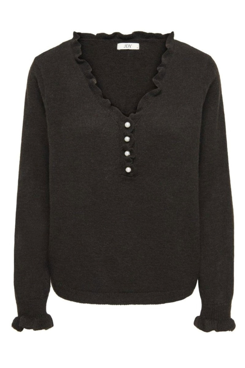 LETTY V-NECK FRILL PULLOVER - Chocolate Torte MELANGE