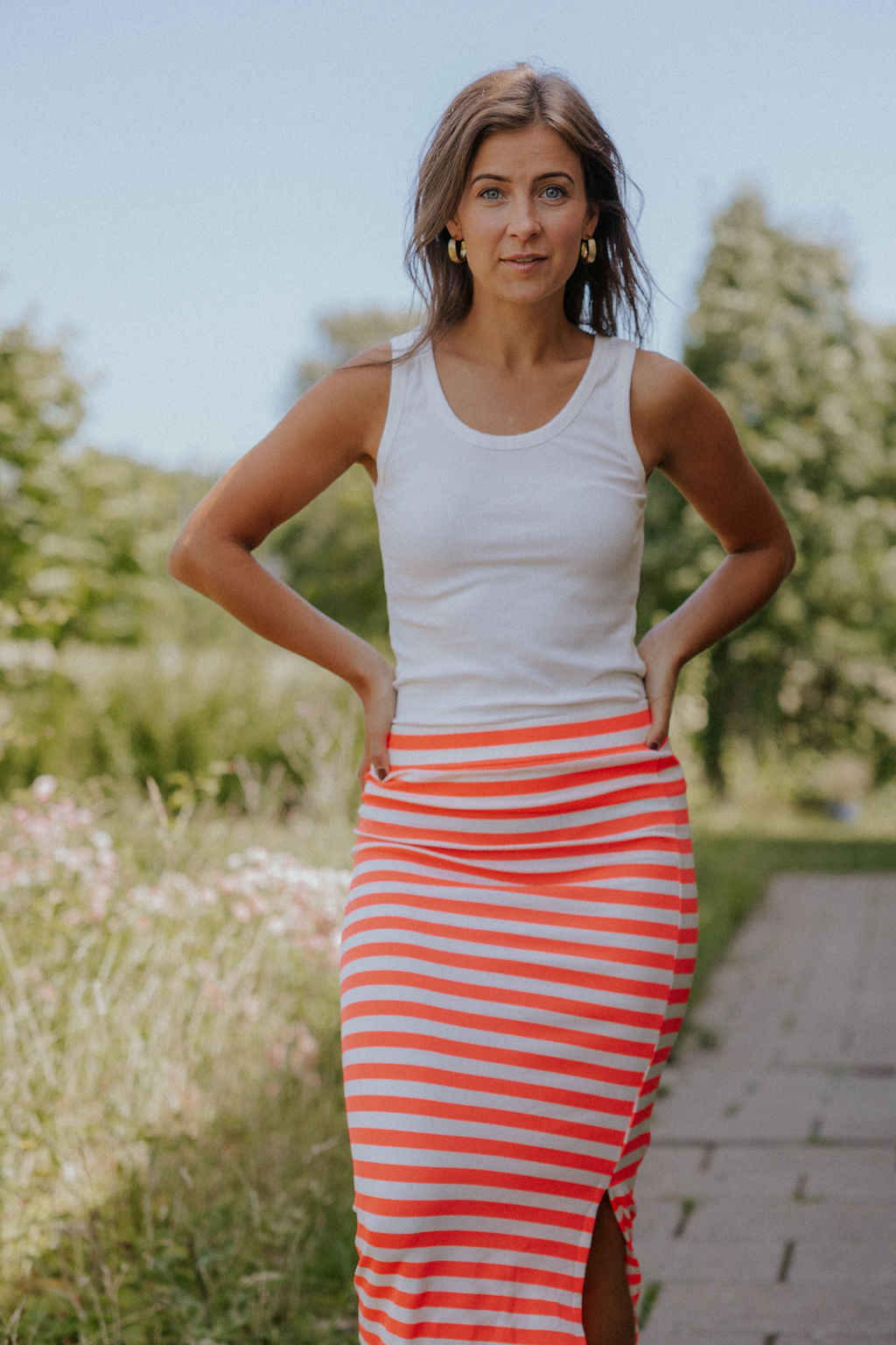 PREORDER-Everyday stripe Skirt - White/Pink Flou